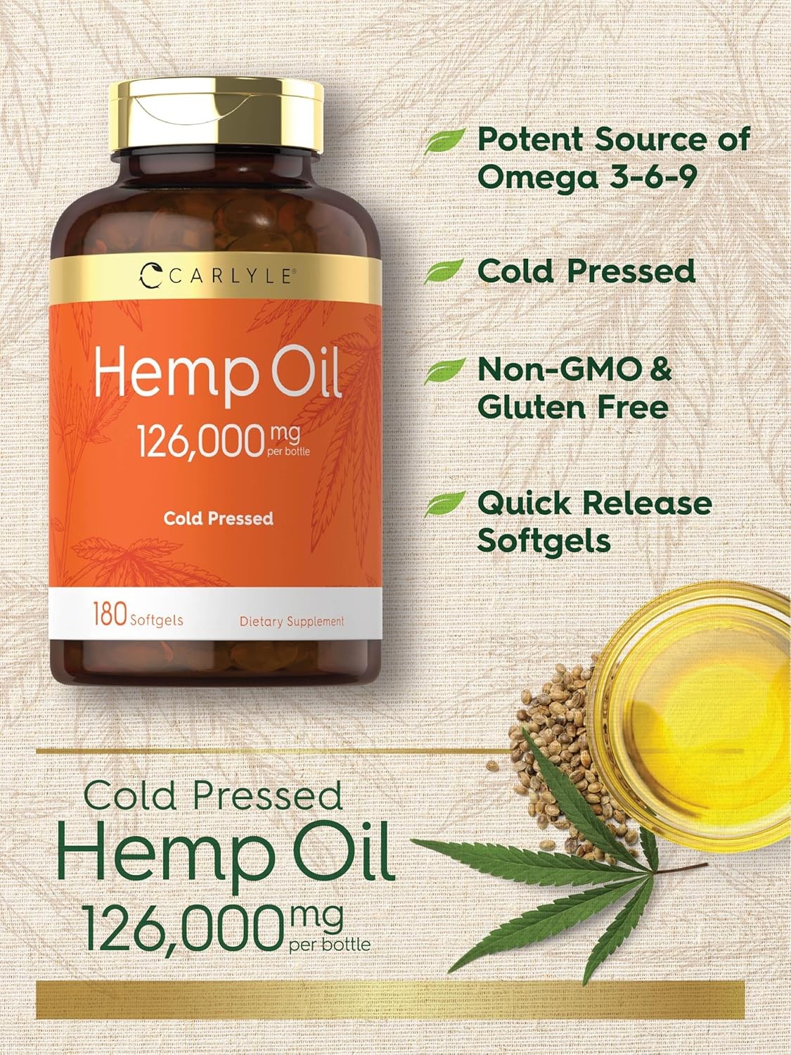 Carlyle Hemp Oil Capsules | 126,000 mg | 180 Softgels | Non-GMO, Gluten Free