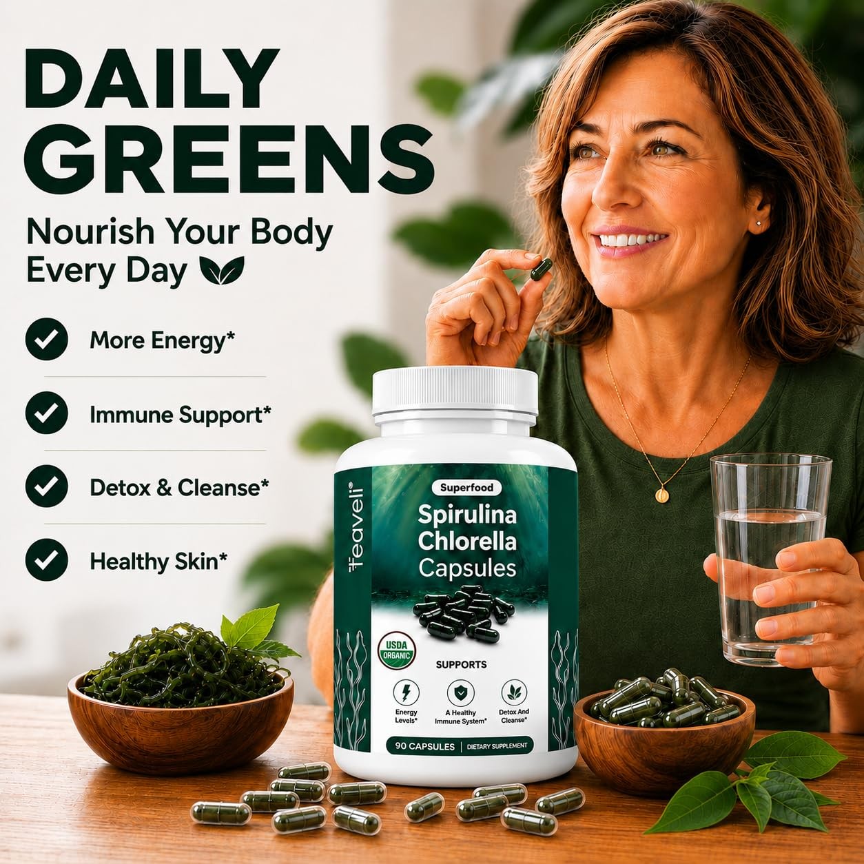 Organic Spirulina Chlorella Capsules 90 Count Blue Green Algae Chlorophyll Pills
