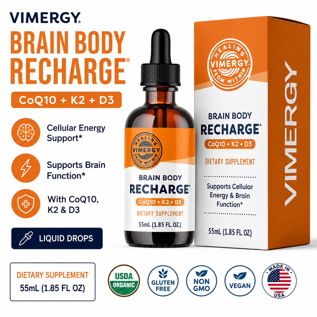 Vimergy Brain Body Recharge Liquid 1.85fl Energy & Cognitive Support Supplement