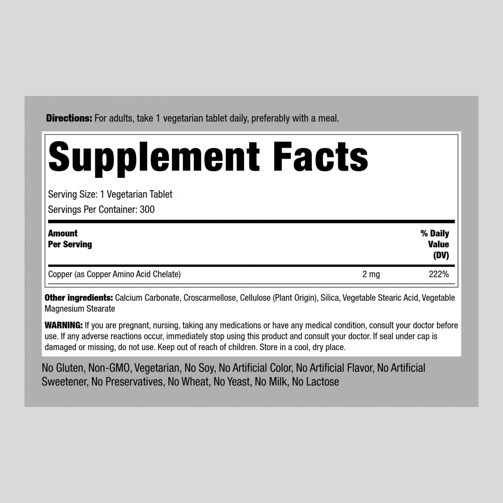 Chelated Copper 2 mg | 300 Tablets | Non-GMO, Gluten Free | By Piping Rock