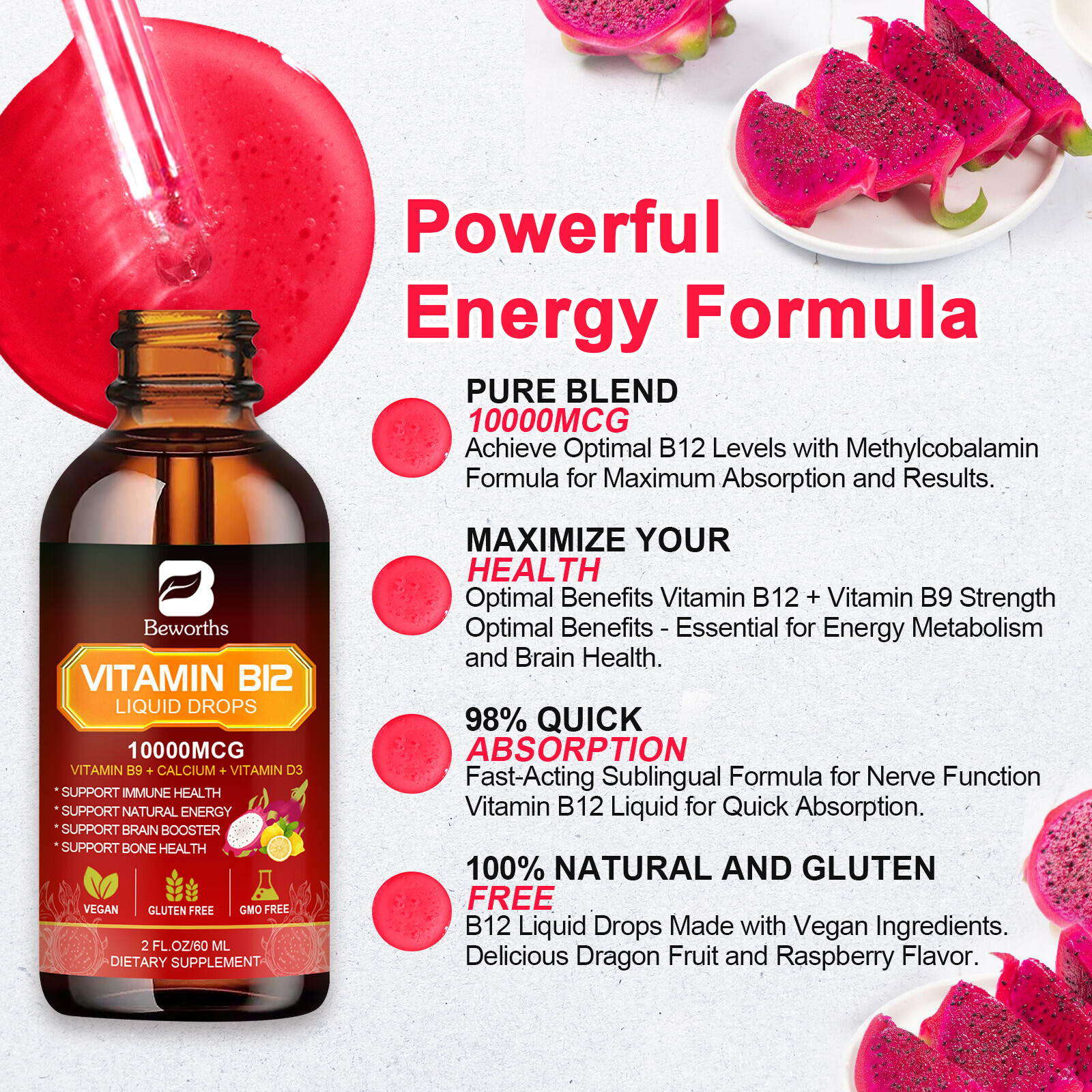 B12 Liquid Drops 2oz – Extra Strength Methylcobalamin, Energy & Immune Support