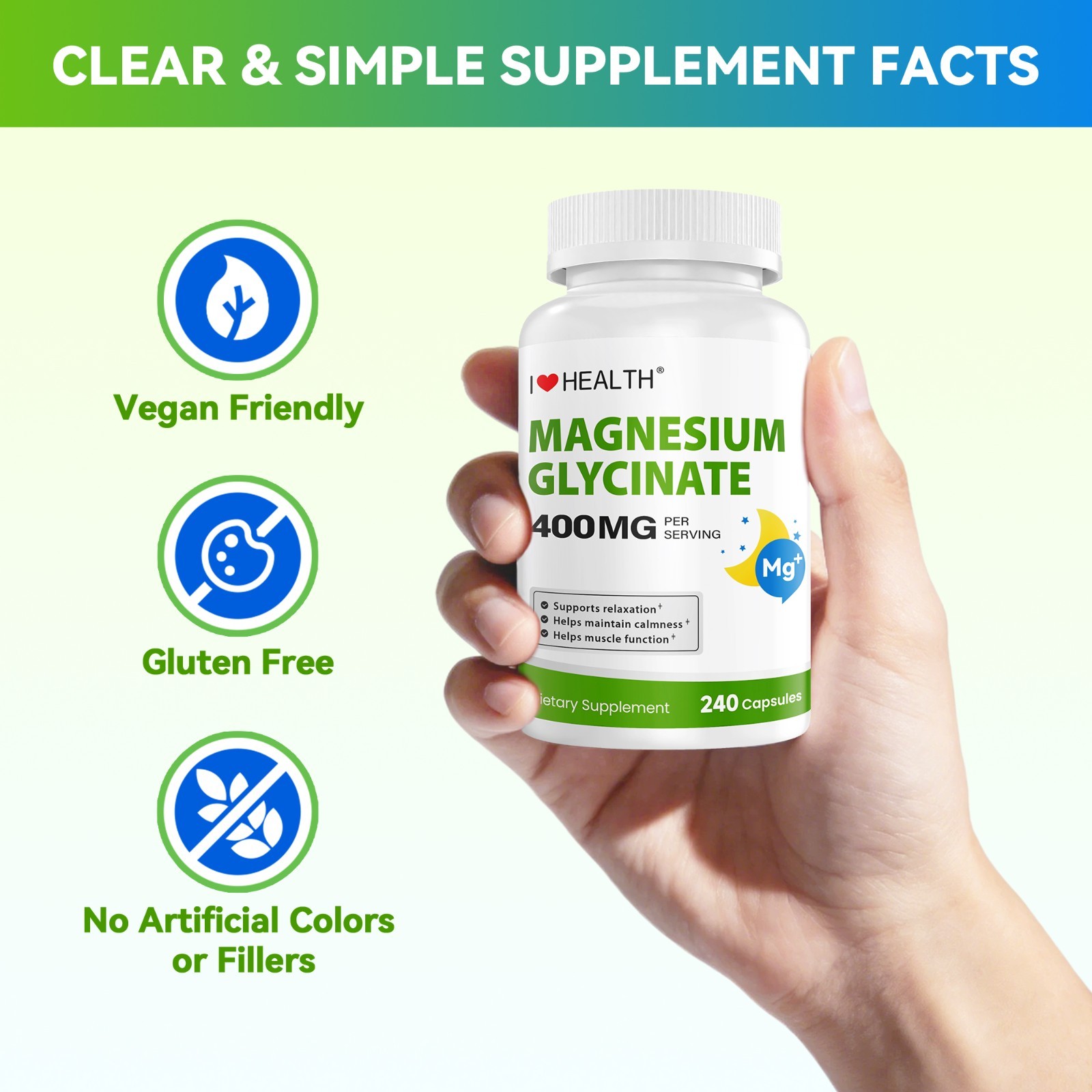 400mg Magnesium Glycinate to Promote Calm & Relaxation, Vegan Gluten Free, 240ct
