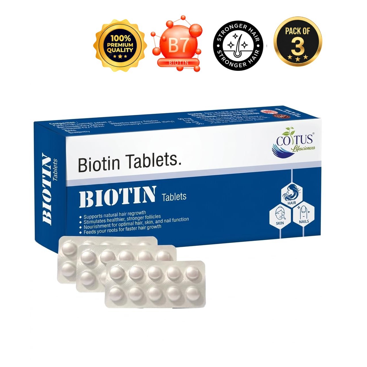 3 Pack Coi.tus Biotin 1000mcg Hair Skin Nails 30 Tablets