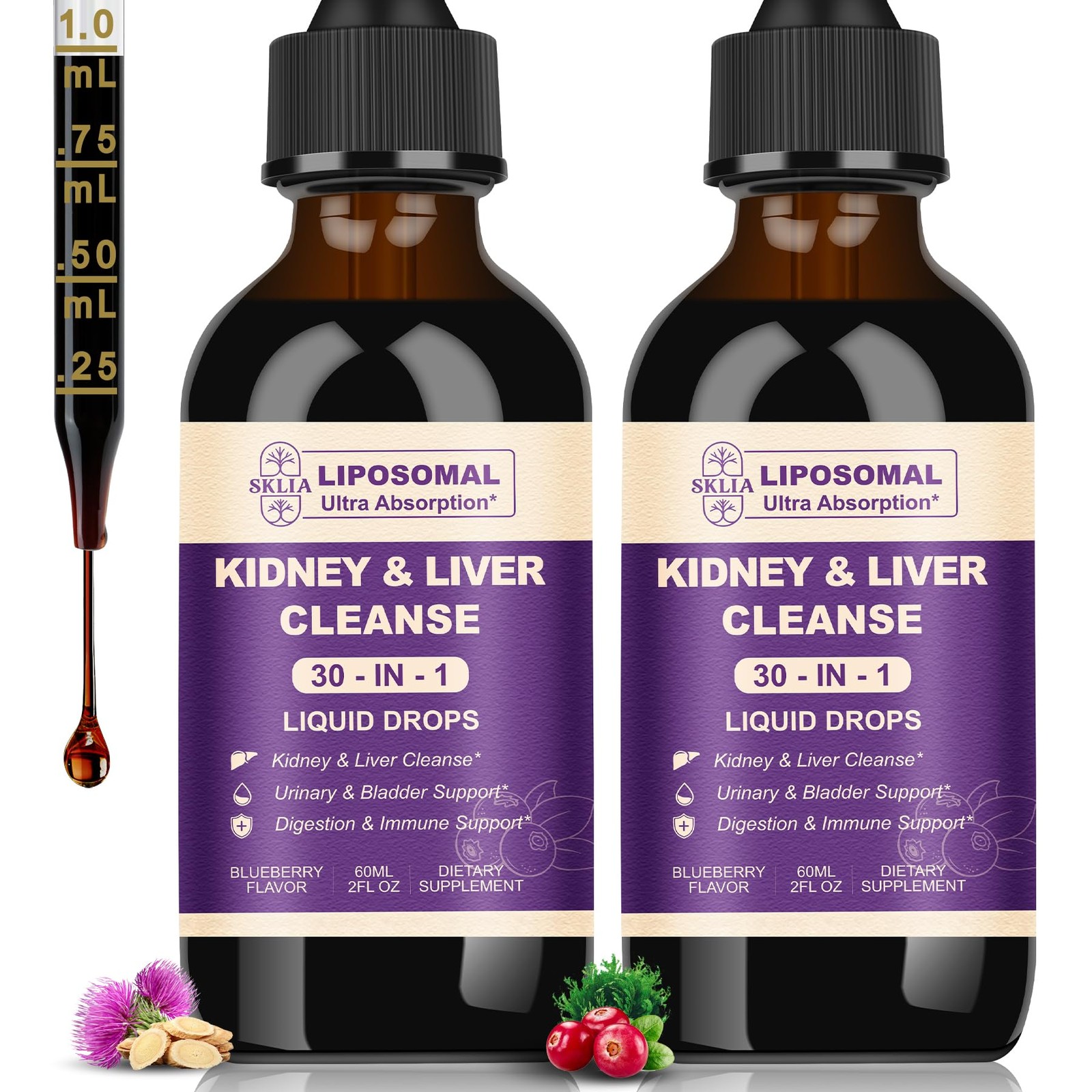 Kidney and Liver Cleanse Detox Drops 2 mL Blueberry – Urinary Tract & Support