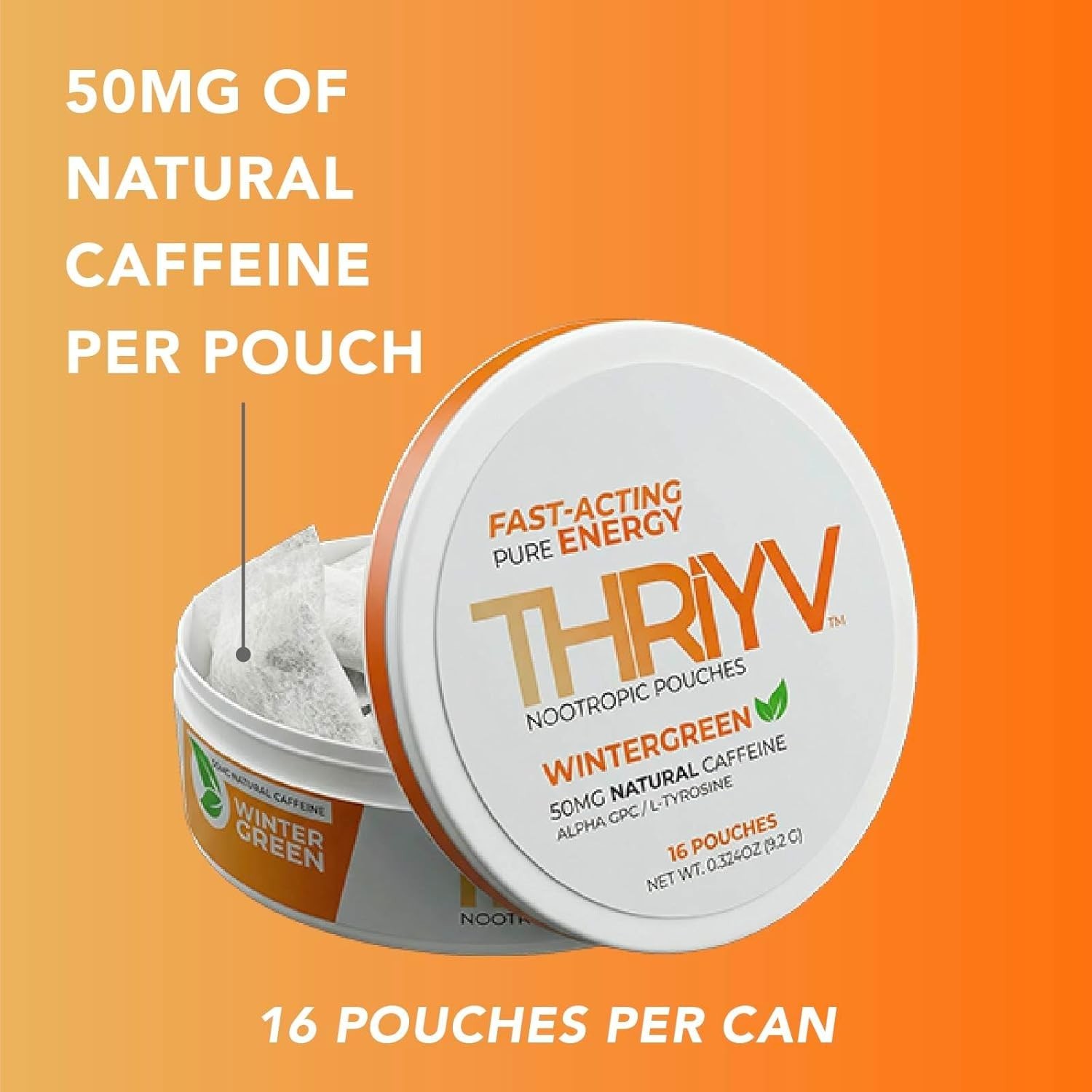(5 Pack) THRiYV Nootropic Energy Pouches – Wintergreen – 50mg Caffeine Per Pouch