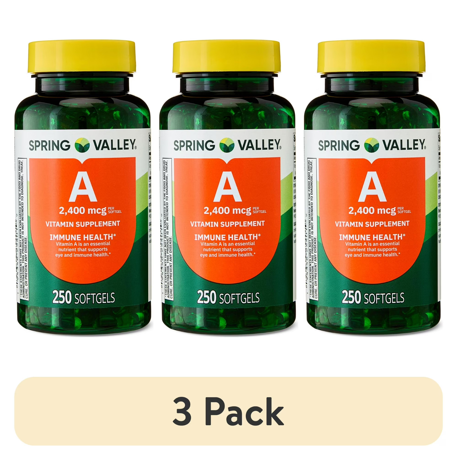 (3 Pack) Spring Valley Vitamin A 2400 mcg Softgels 250 Count