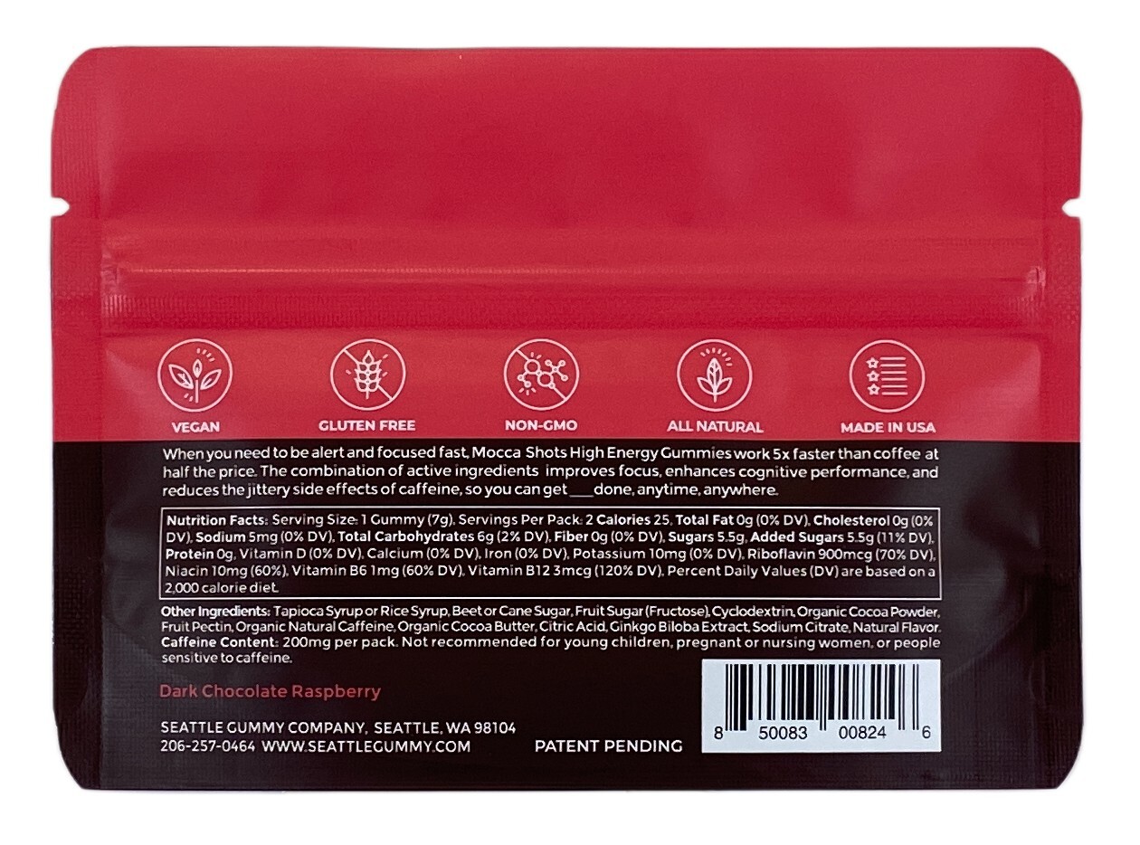 Mocca Shots Energy Gummies with Caffeine | 12-Pack – Dark Chocolate Raspberry
