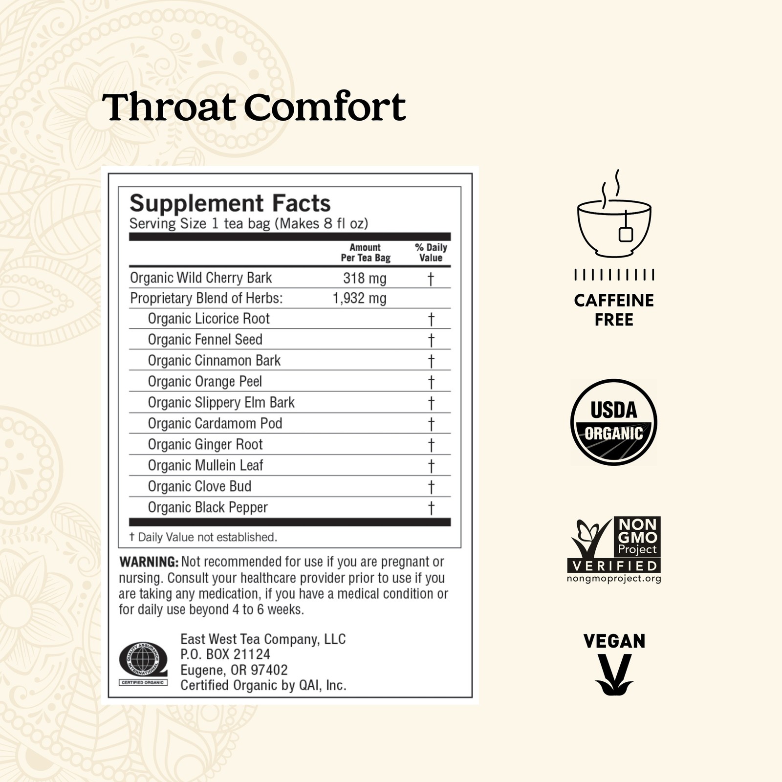 Yogi Tea Throat Comfort Caffeine-Free Organic Herbal Tea Bags 16 Count
