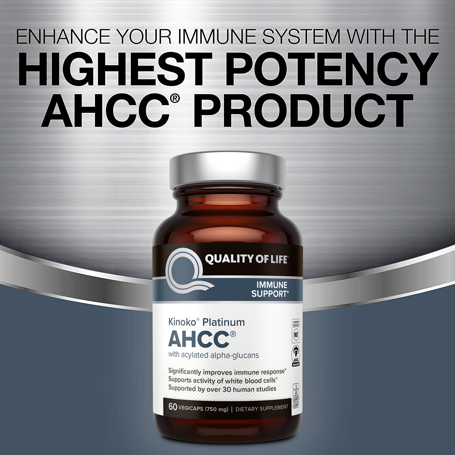 Kinoko Platinum AHCC 750 mg – Immune Supplement – Quality of Life – 60 Count
