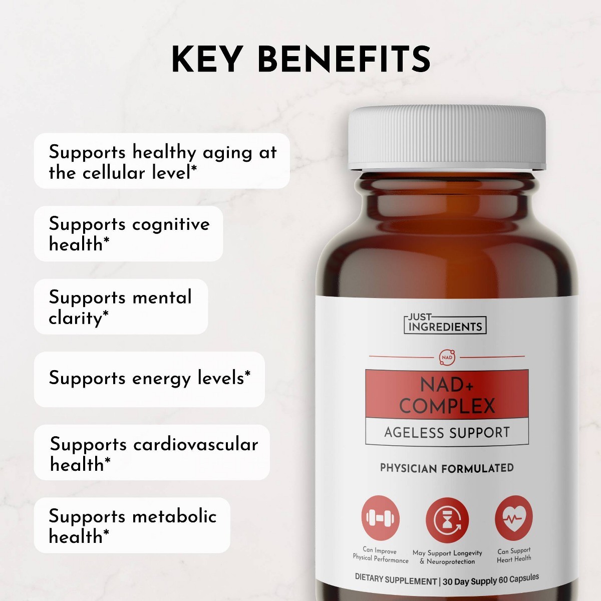 Just Ingredients NAD+ Complex Supplement Capsules – 60ct – 30 Servings