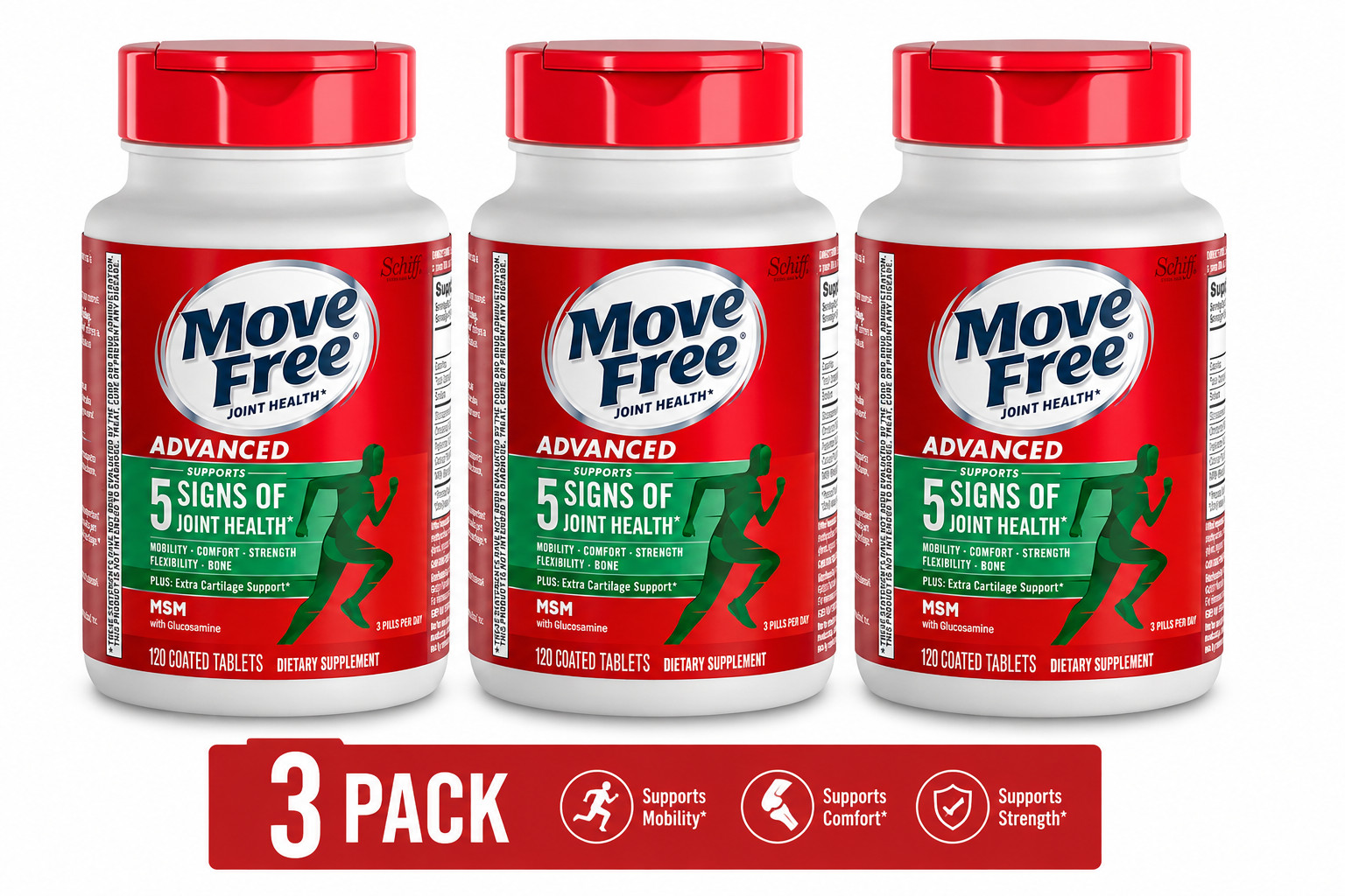 3 Pack Move Free Joint Health Advanced MSM With Glucosamine Coated Tablets 120