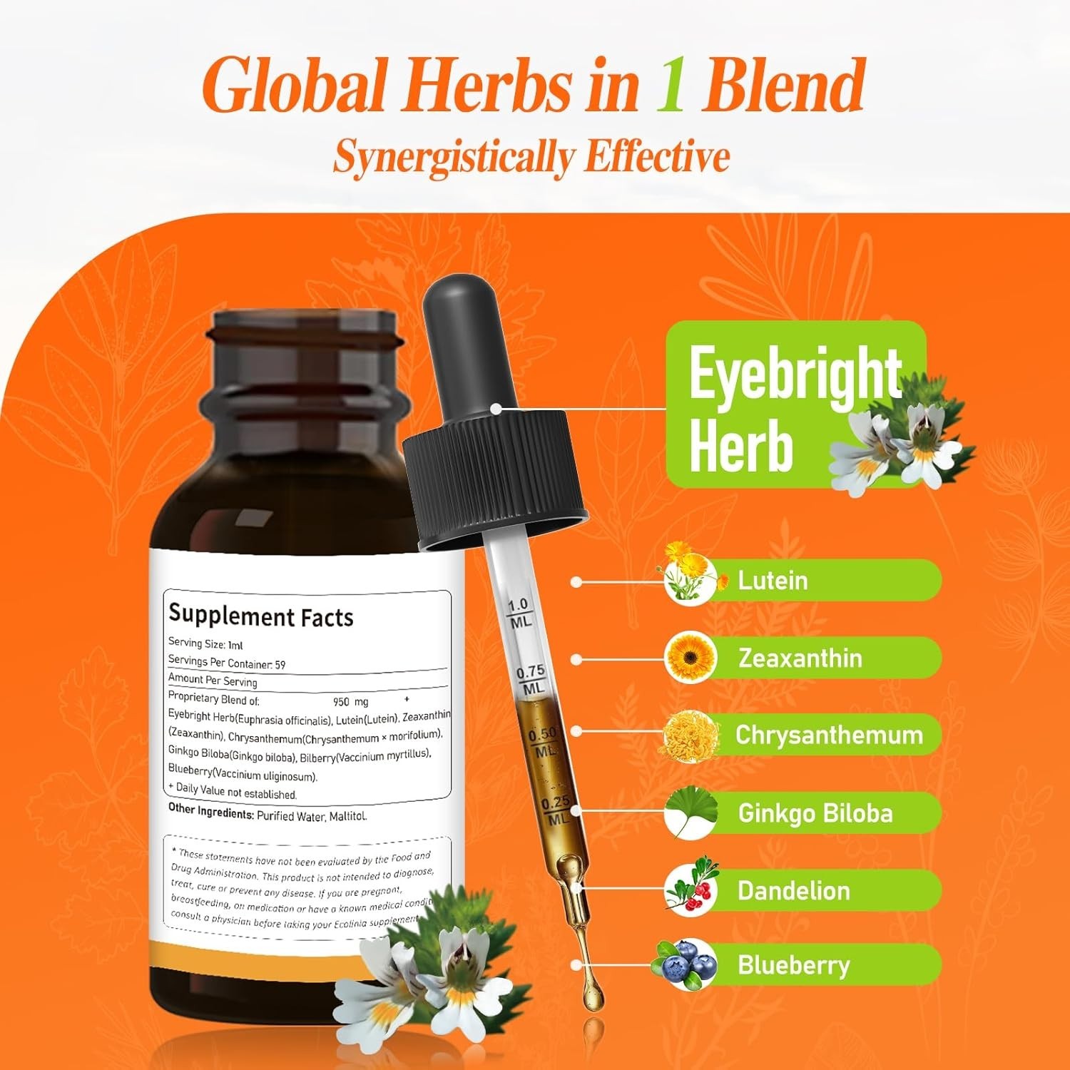 Natural Eye Care Drops w/Eyebright & Blueberry Extract for Visual Clarity – 2oz