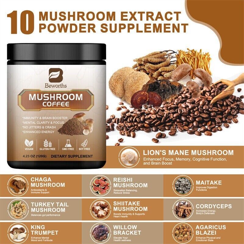 Organic Lions Mane Mushroom Coffee Powder 120g Brain & Memory Hericium Erinaceus