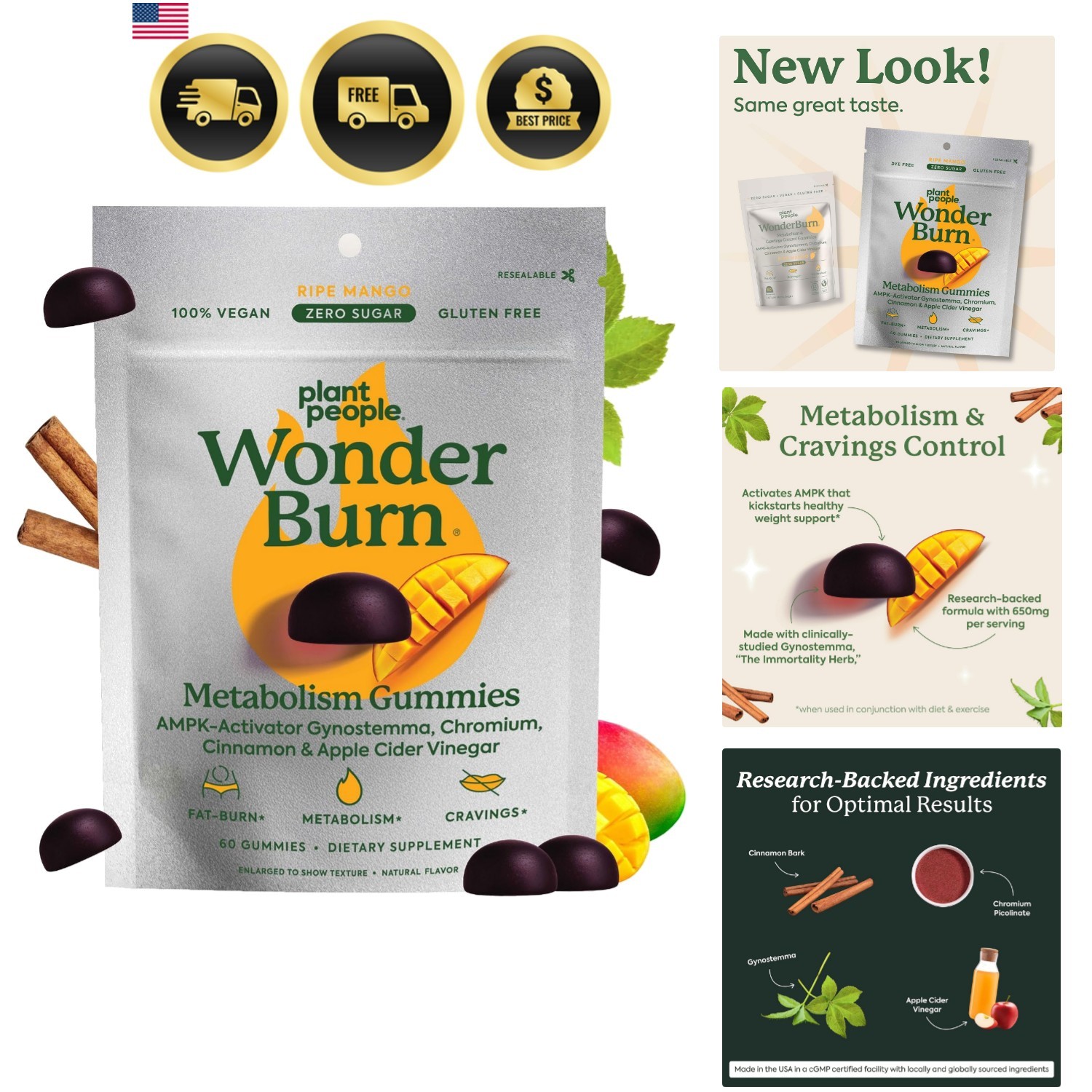 WonderBurn Metabolism & Cravings Control Gummies, Zero Sugar, Ripe Mango Flav…