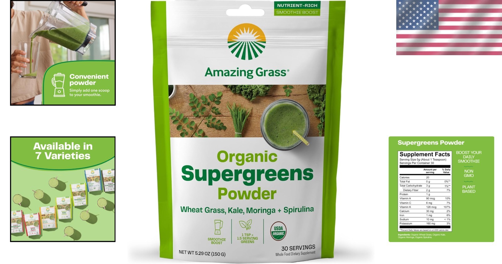 Super Greens Powder with Spirulina & Moringa – 5.29 oz