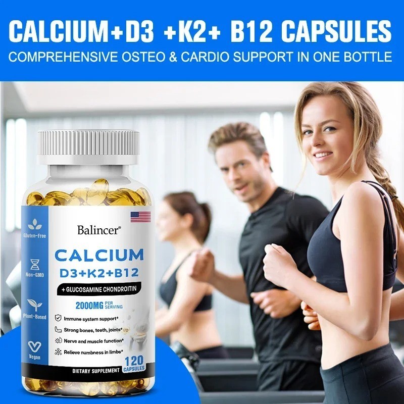 Calcium Capsules w/ D3+K2+B12 Support Bones Muscles Health Immune System 120Caps
