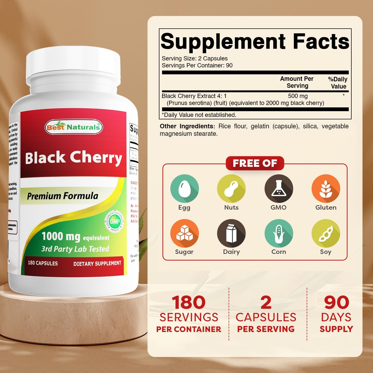 Best Naturals Black Cherry 1000 Mg Capsule, 180 Count (Pack of 1), No Color