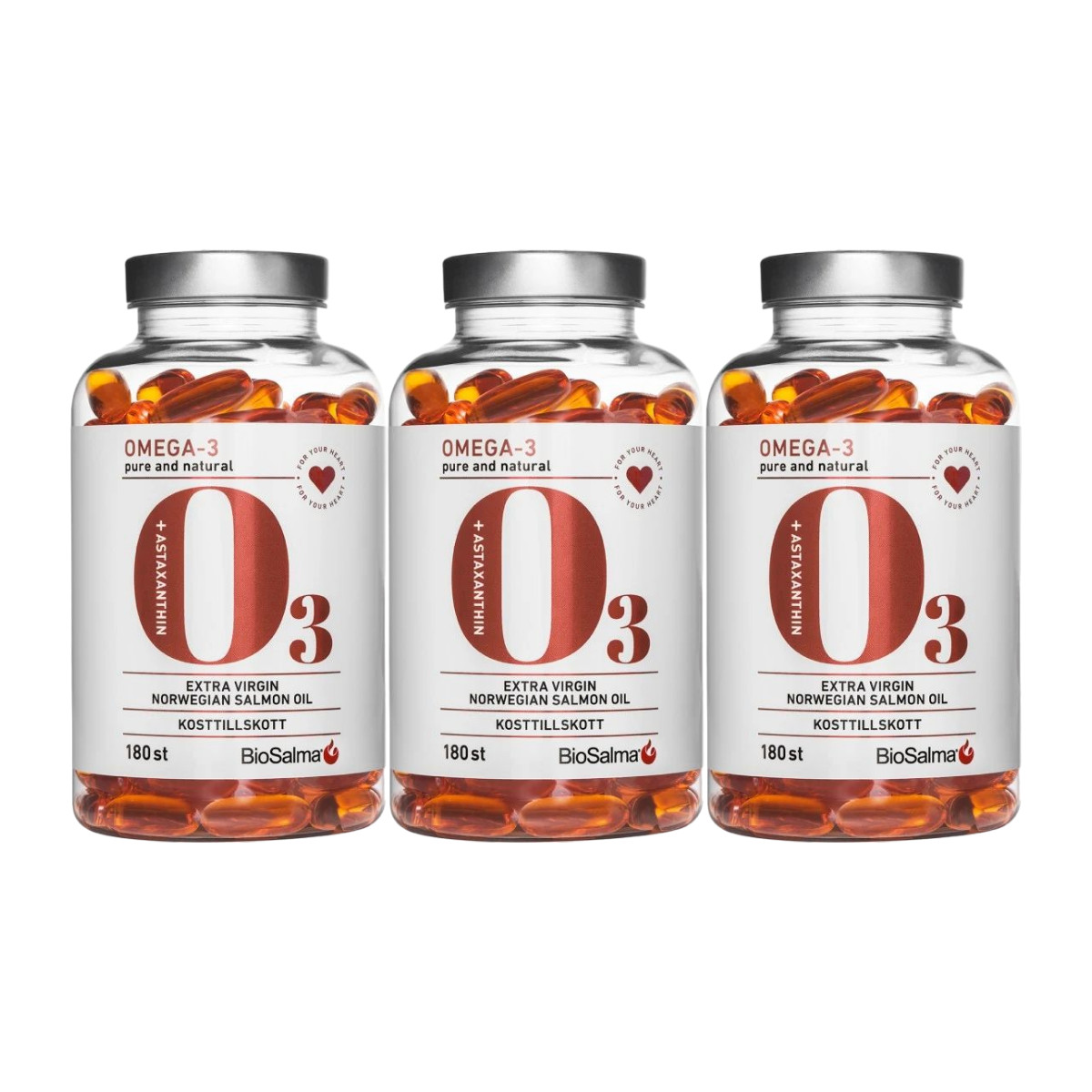 3x BioSalma Omega-3 Salmon Oil 1000mg 180 Capsules Norwegian Salmon Astaxanthin