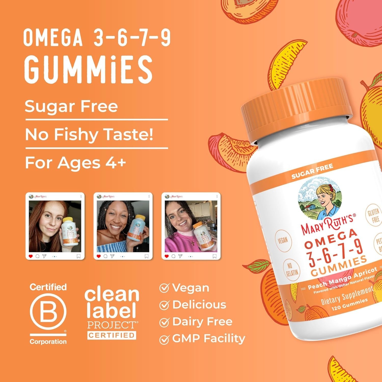 Peach, Mango, Apricot Flavored Omega 3-6-7-9 Gummies – 4 Supply