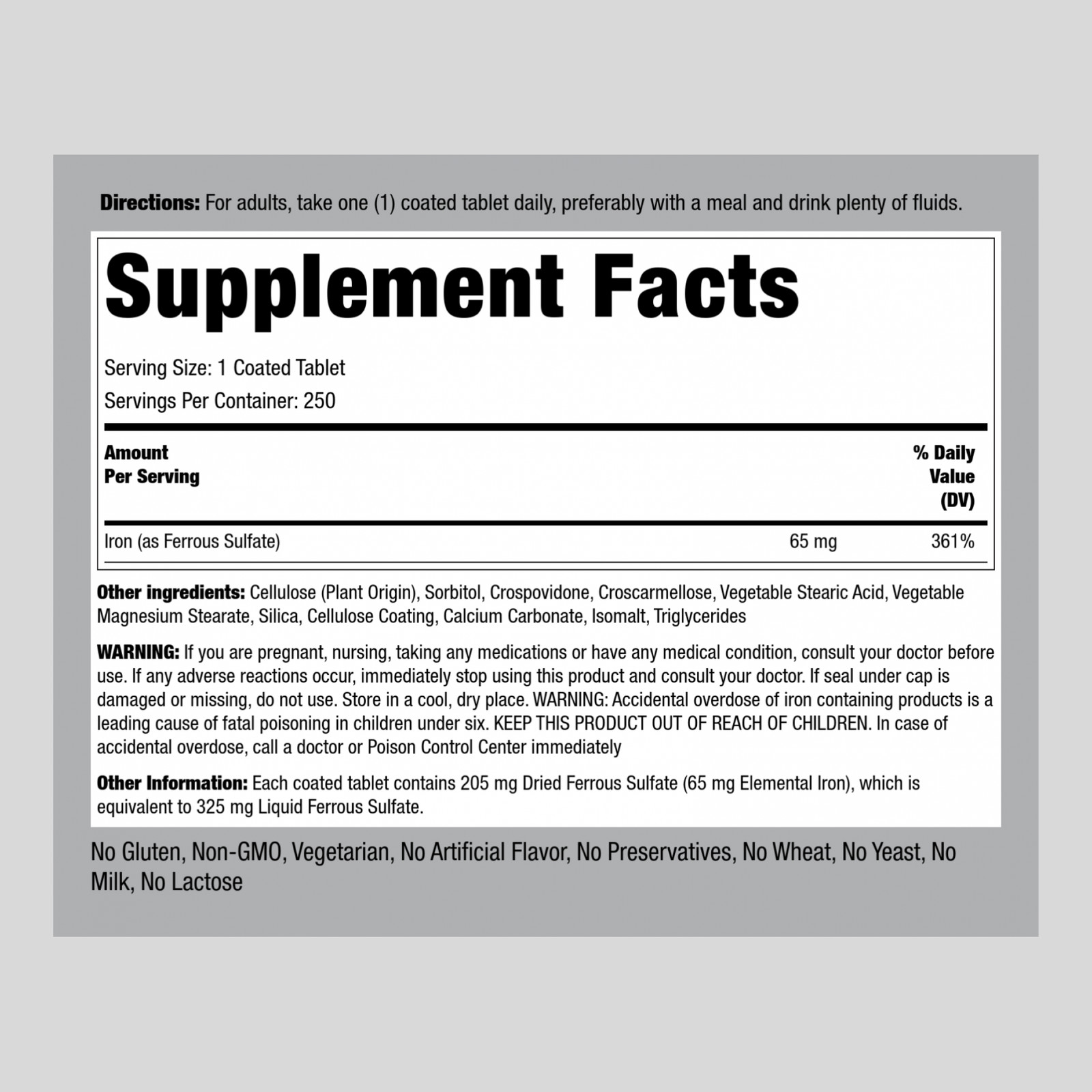 Iron Ferrous Sulfate 65 mg | 250 Tablets | Non-GMO | By Piping Rock