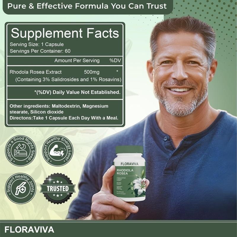 Rhodiola Rosea 500mg by Floraviva – 60 Vegan Capsules for Stress, Energy*