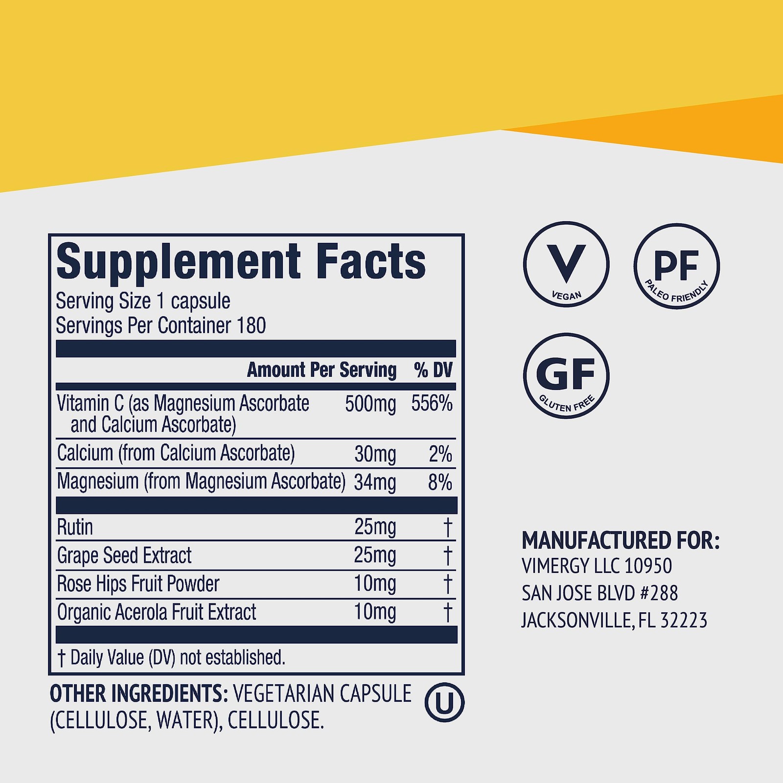 Vimergy Micro C 180 Capsules High Potency Vitamin C Immune Support Antioxidant
