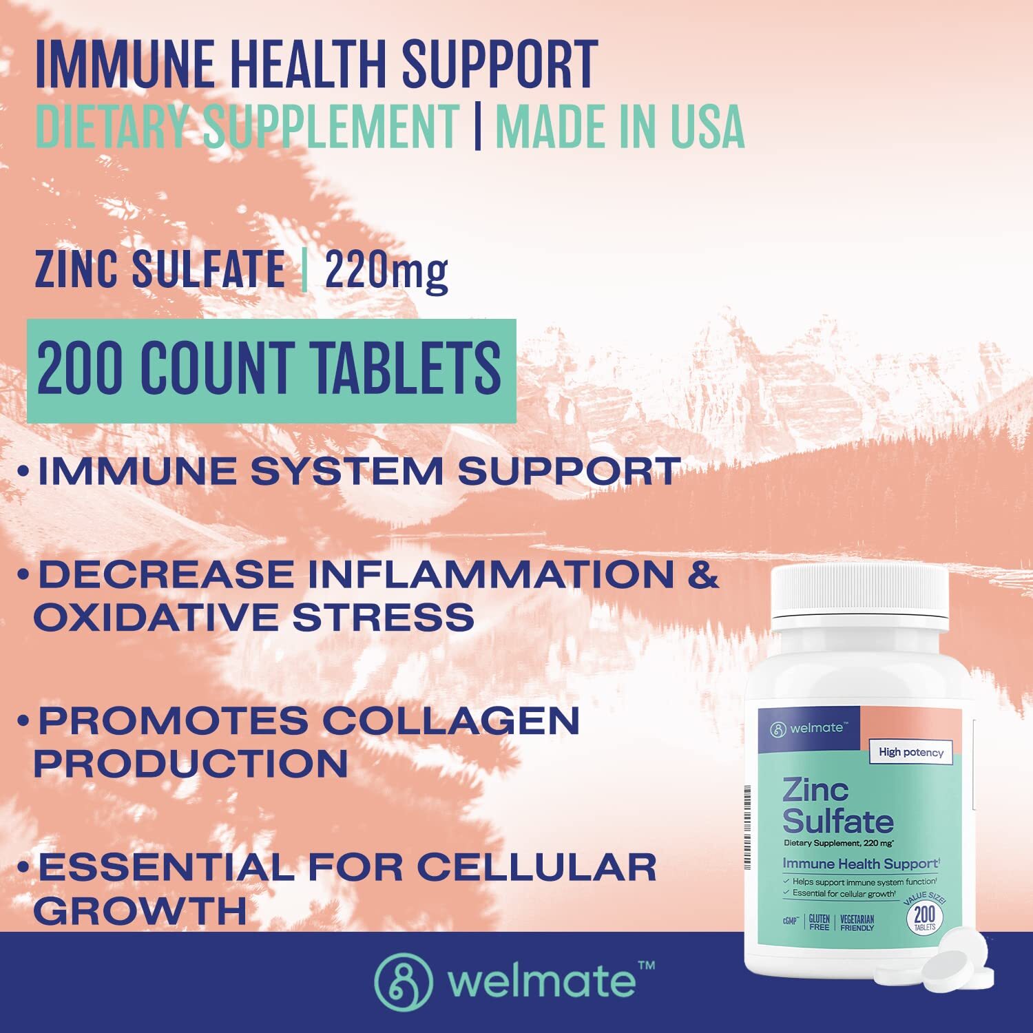 Zinc Sulfate 220mg | Supplement | Immune Health Support | 200 Count Tablets