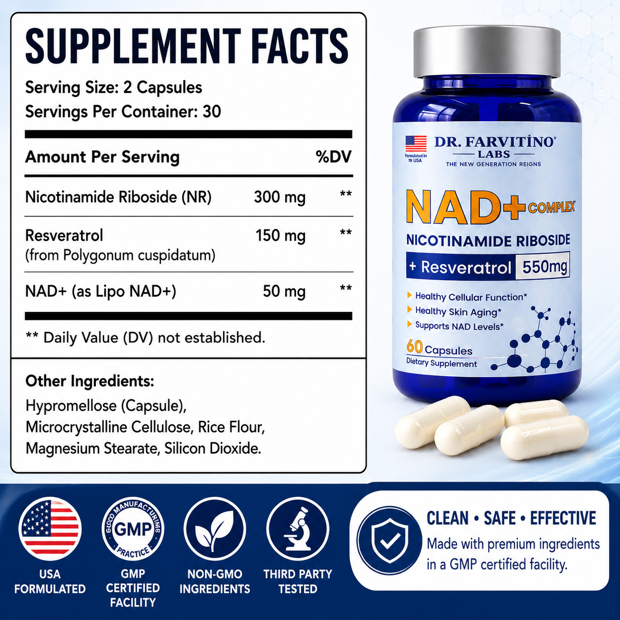 NAD+ 550mg Anti-Aging Formula – Resveratrol for Cellular Energy | 60 Caps