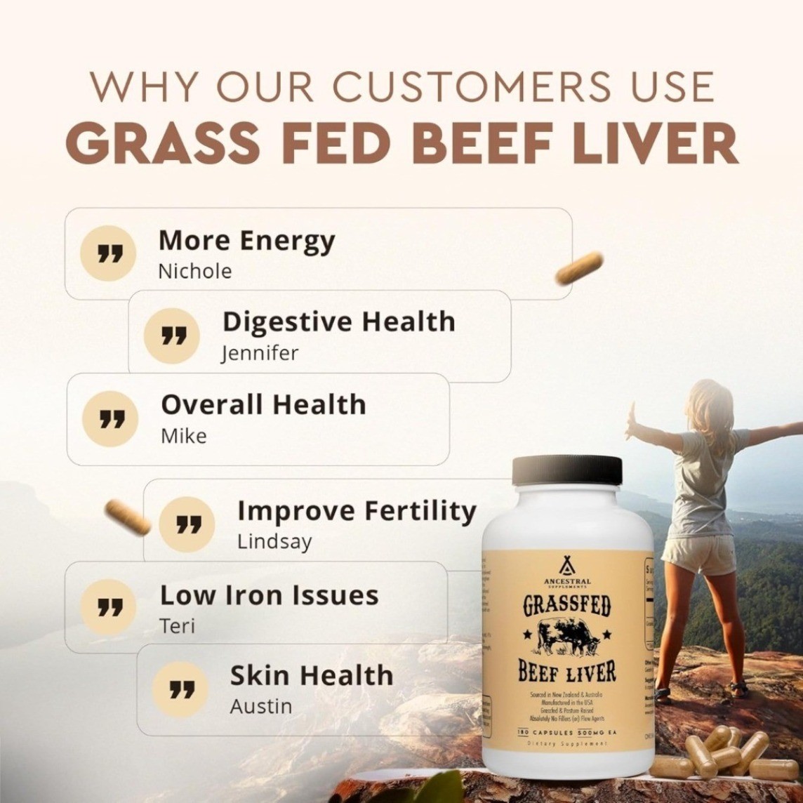 Ancestral Supplements Grassfed Beef Liver – 180 Capsules 500mg EA sealed