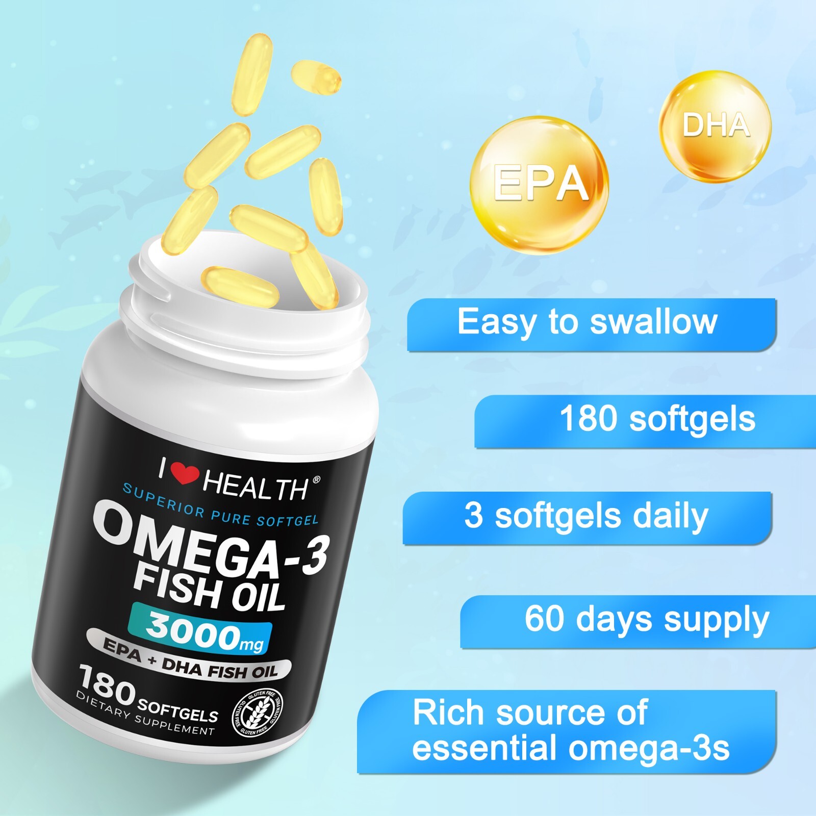 Fish Oil Softgels, 3000mg Omega-3 Fish Oil Supplement – EPA & DHA Supplement