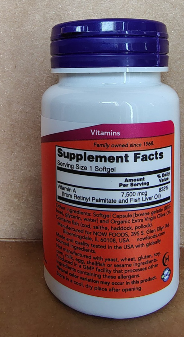 NOW Foods Vitamin A 25,000 100 Softgels Dietary Supplement Nutrition Eye Skin