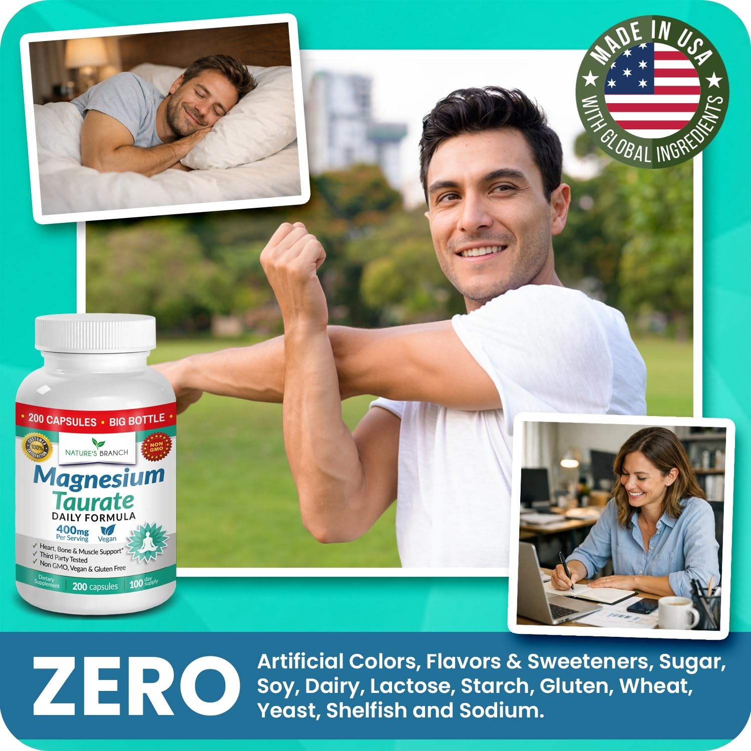 Magnesium Taurate 400mg | High Absorption | 200 200 Count (Pack of 1)