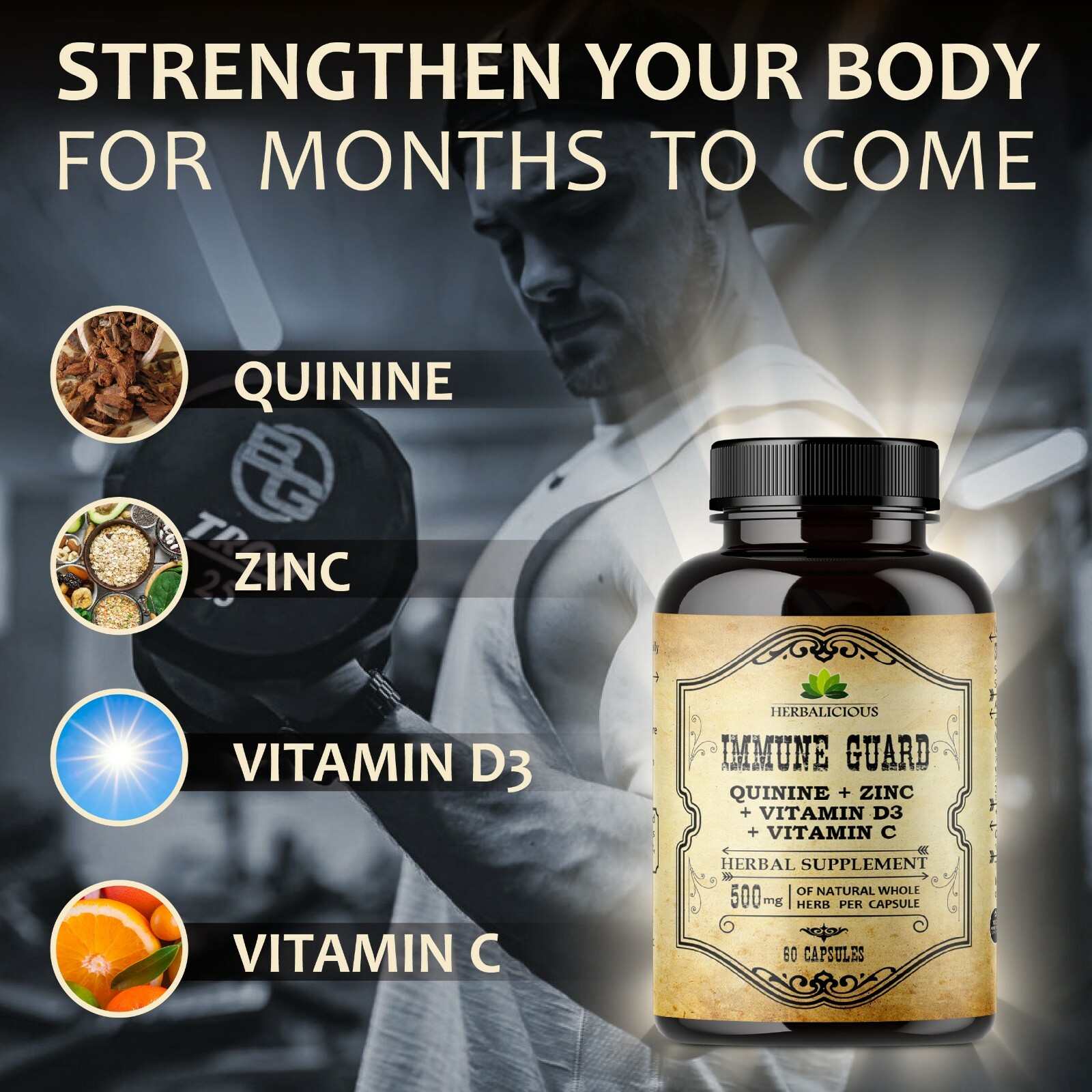 Quinine with Zinc Vitamin D3 and Vitamin C Body Guard Immune Defense 60caps