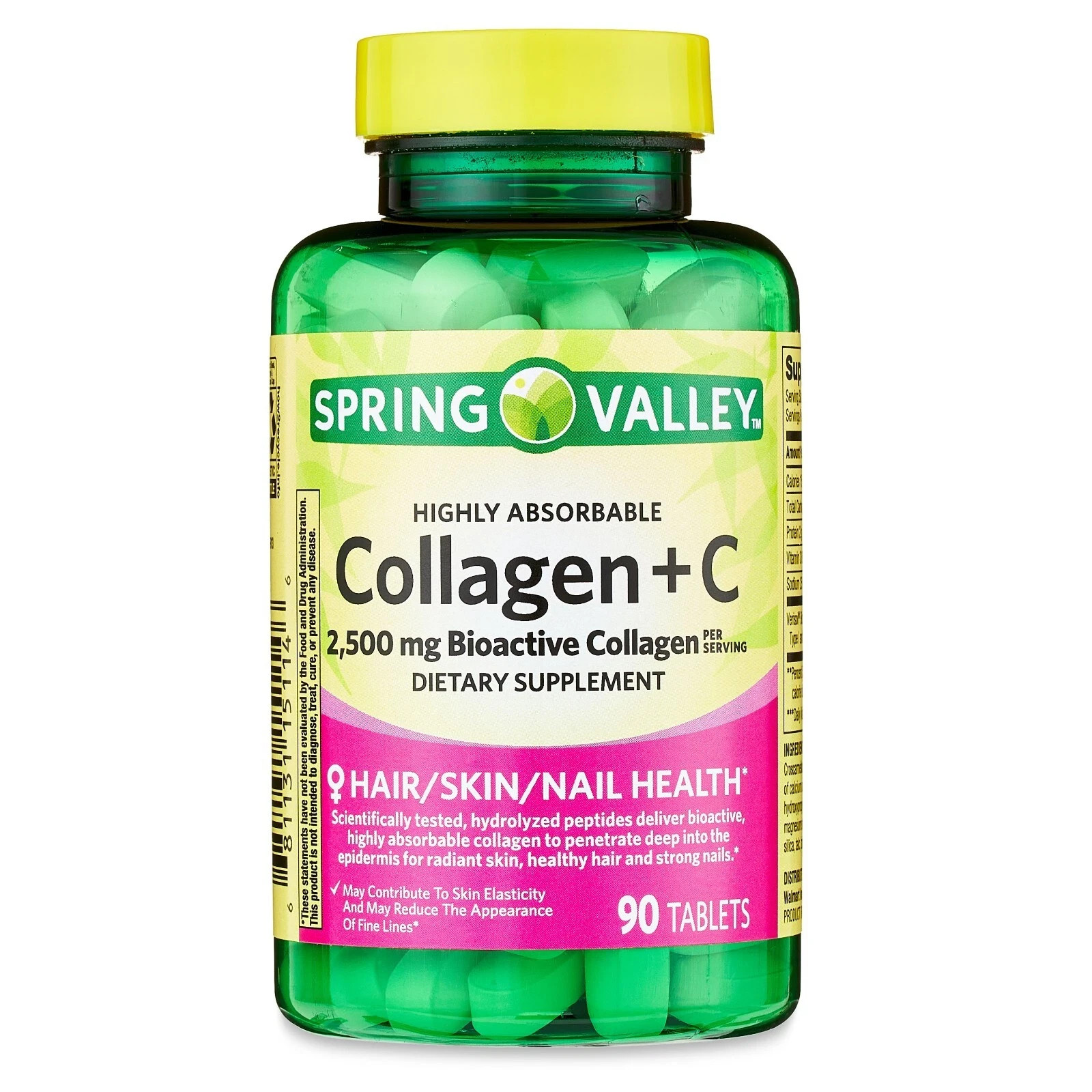 Spring Valley Collagen + Vitamin C Tablets, 2500 mg, Skin & Joint Support, 90 Ct
