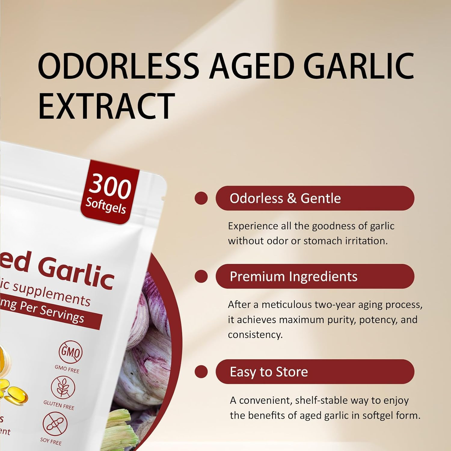 Primus Aged Garlic Extract 7500mg Odorless, Garlic Extract Capsules 300 Softge