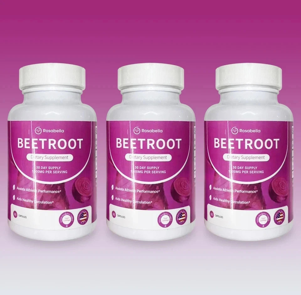 3PCS Rosabella Organic Beet Root 60 Capsules Natural Energy Boost Blood Pressure