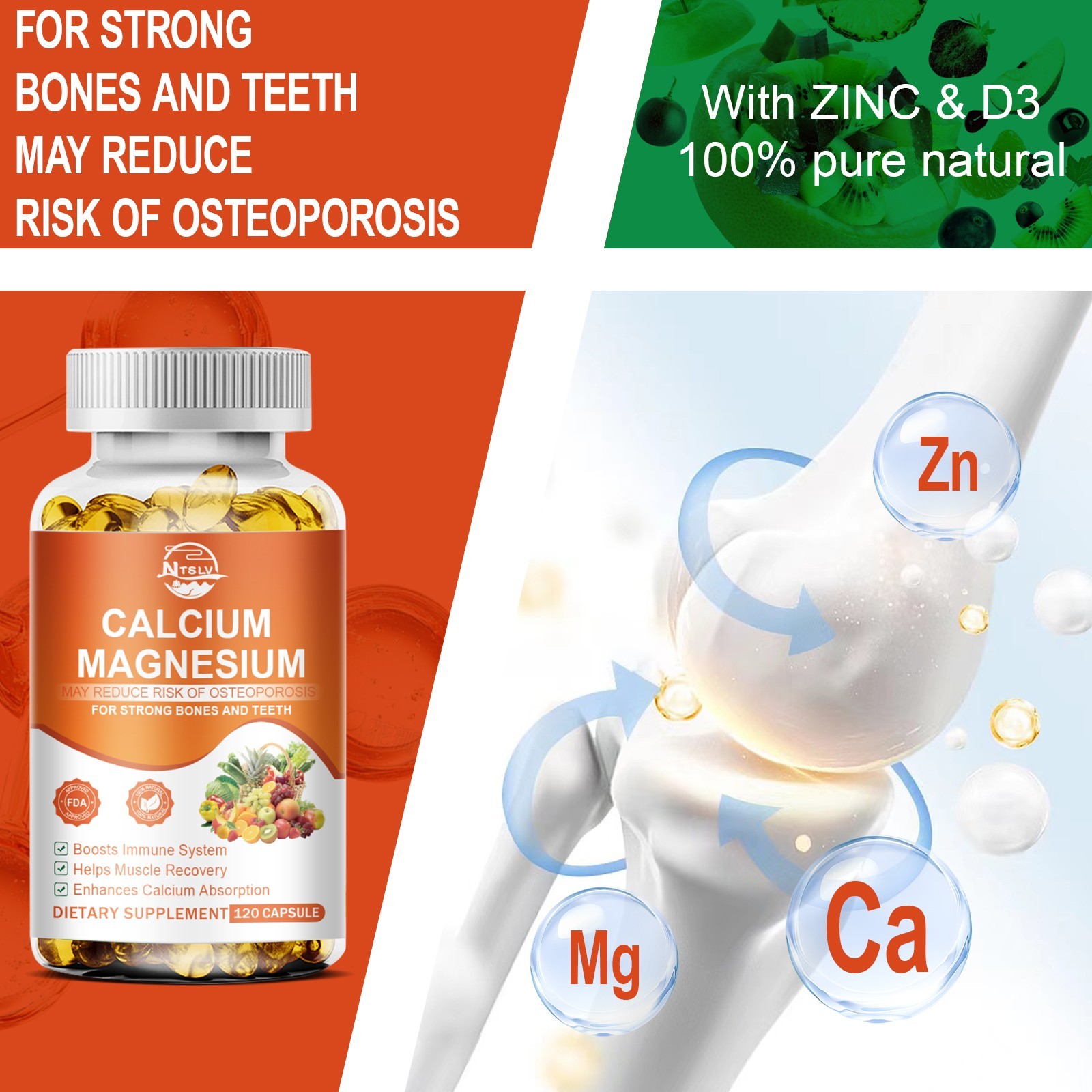 120 Magnesium Capsule Zinc Vitamin D3 Calcium Complex Promote Bones & Teeth