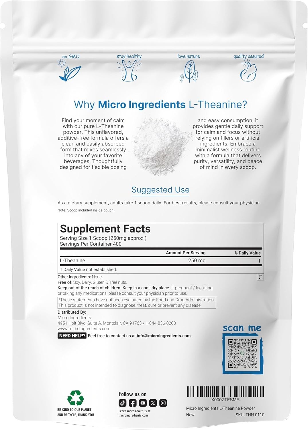 Pure L-Theanine Powder, 100 Grams 1 Supply, Filler Free, No GMOs and Friendly