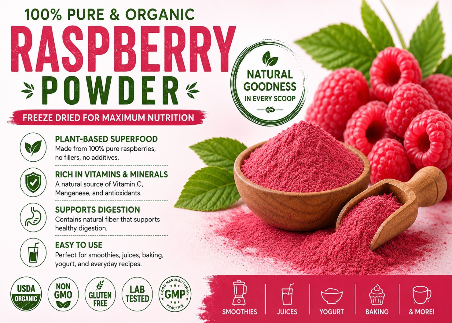 Freeze Dried Raspberry Powder Organic Superfood Non GMO Gluten Free Vegan 1.1lb