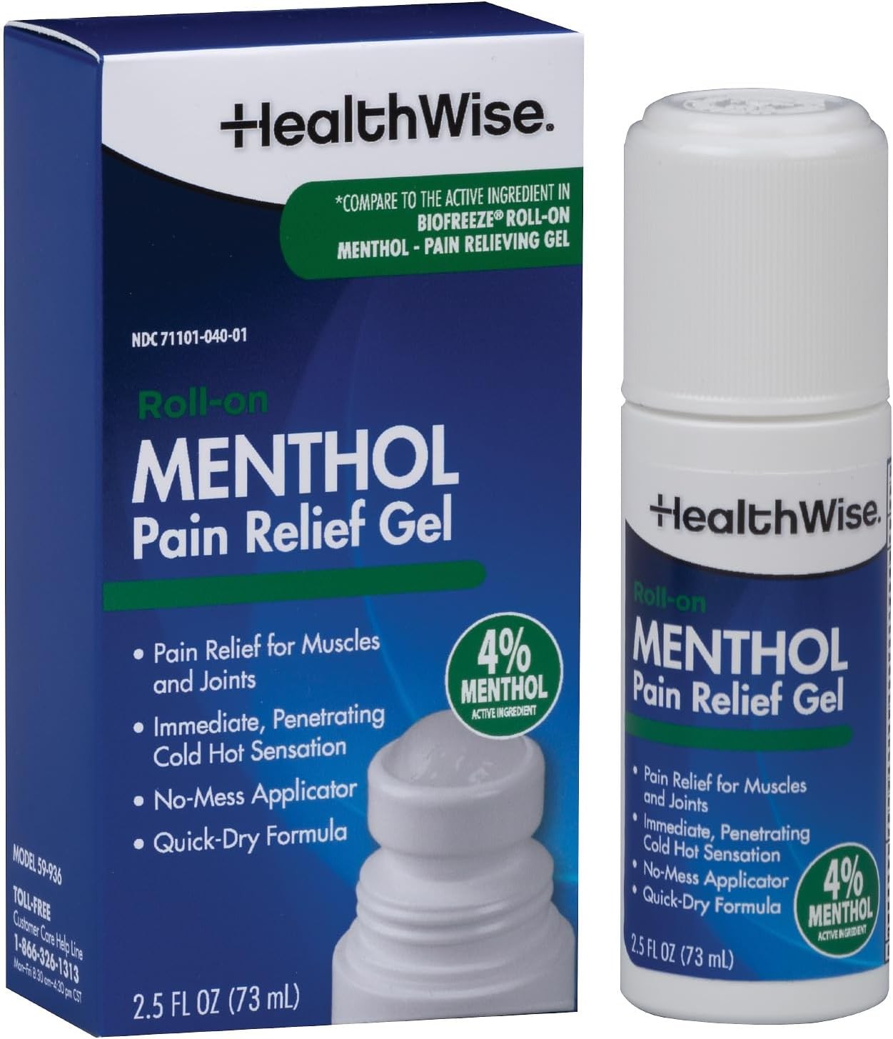 HealthWise 4 Menthol Roll On Cold Hot Sensation Pain Relief Gel Non 2.5 oz