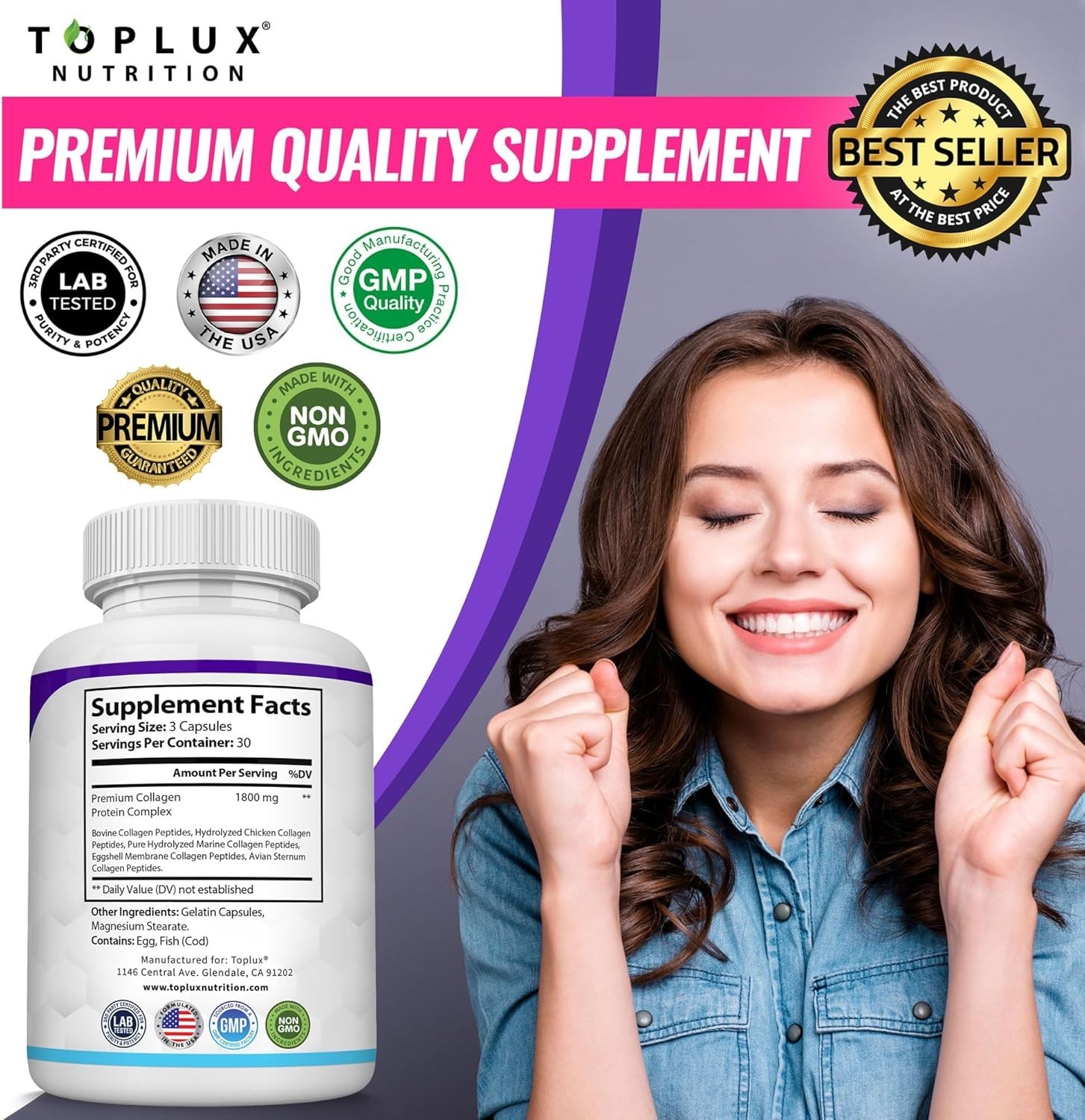 Toplux Multi Collagen Peptides 1800mg Type I II III V X Skin Hair Joint Sup