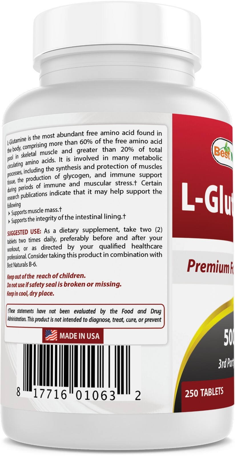 Best Naturals L-Glutamine 500mg, 250 Tablets