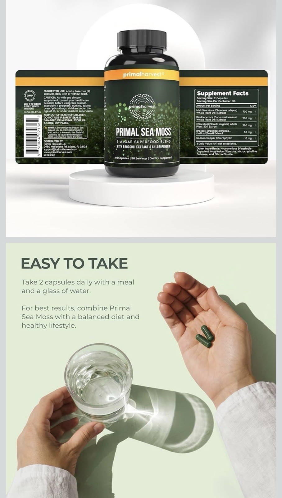 Primal Harvest Sea Moss Capsules w Bladderwack Irish Sea Moss, Chlorella 60 Ct.
