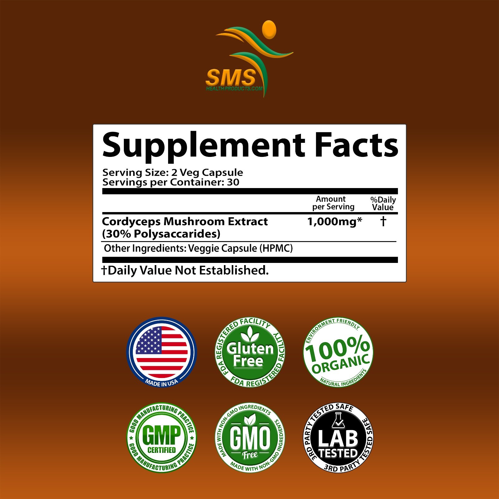 Organic Cordyceps Mushroom Capsules 1,000mg With 30% Polysaccharides