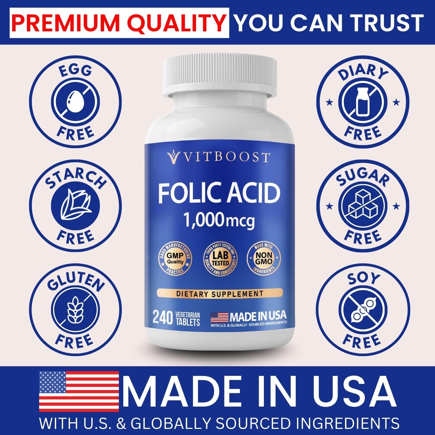 VITBOOST Folic Acid 1000 mcg (1667 mcg DFE) – 240 Tablets
