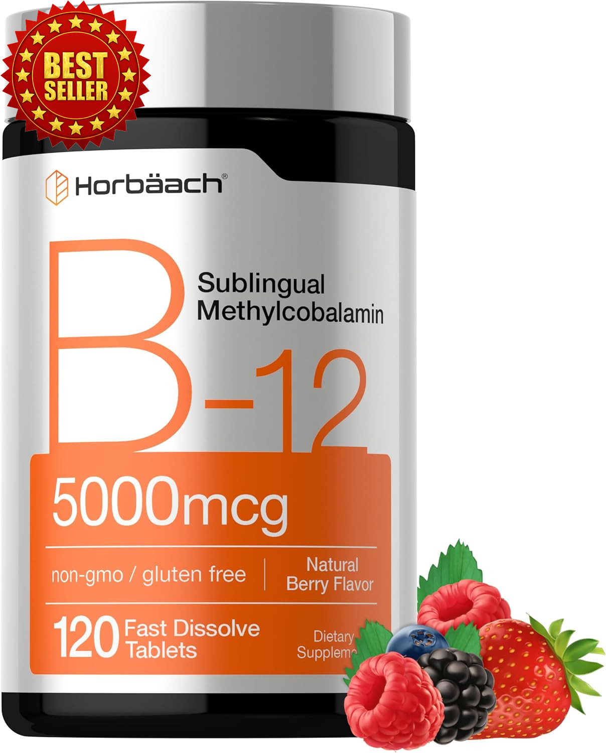 Horbäach B12 Vitamin 5000 Mcg 120 Fast Dissolve Sublingual Vegan Non-gmo