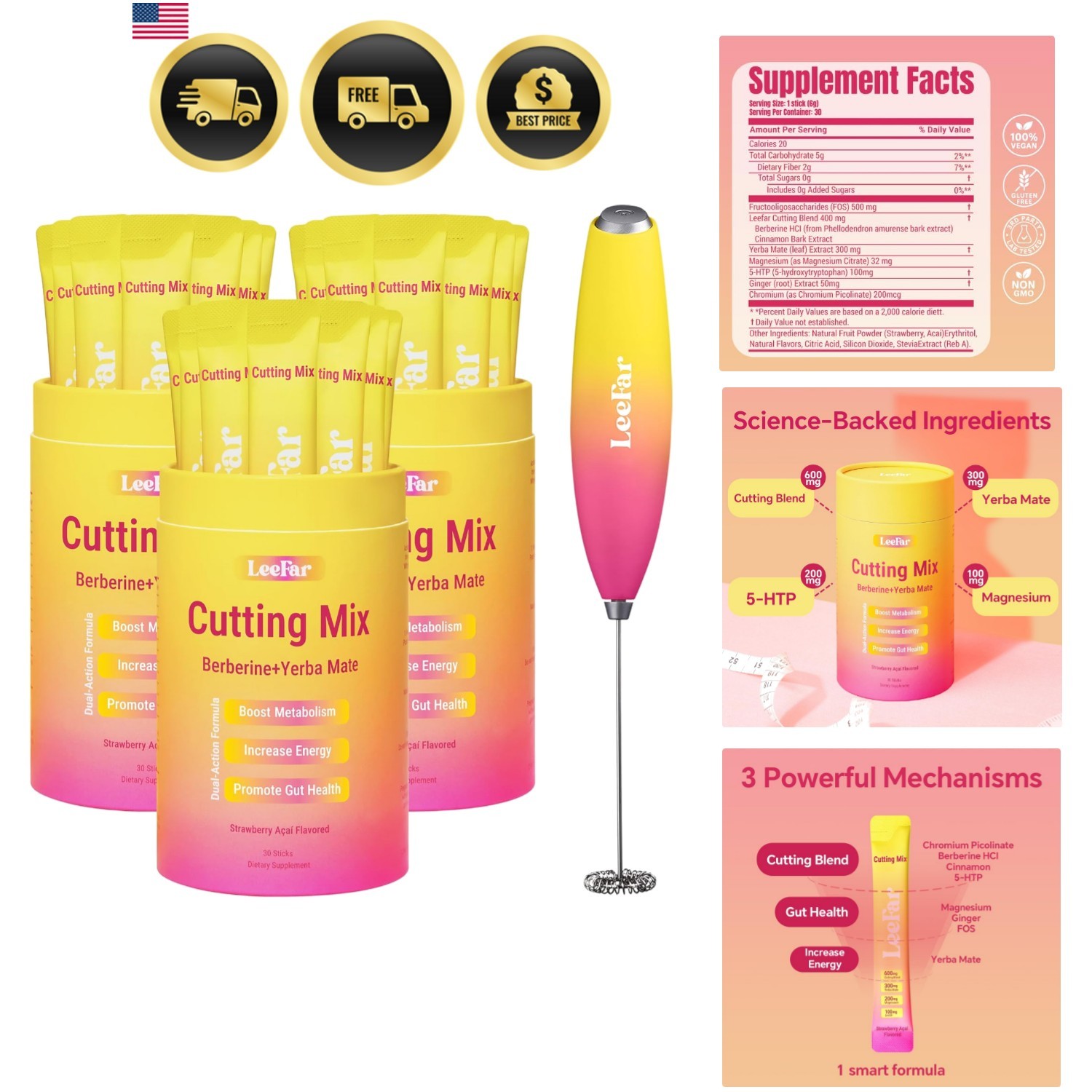 Buy 3 Get 1 Gift Free】 Cutting Drink Mix –| Strawberry Açaí Flavor – 90 Servings