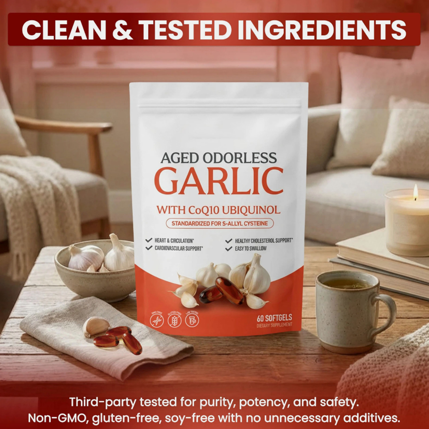 Odorless Aged-Resilia Garlic Extract 600mg Softgels (60 Count) with CoQ10
