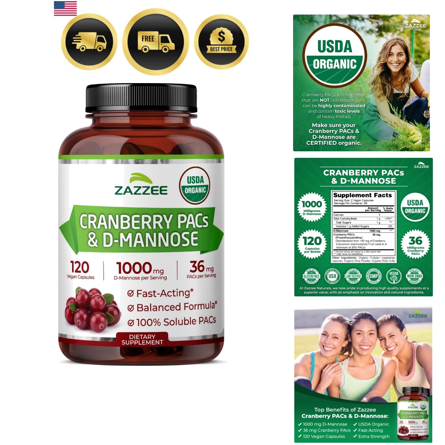 USDA Organic Cranberry PACs & D-Mannose, 36 mg PACs per Serving, 1000 mg D-Ma…