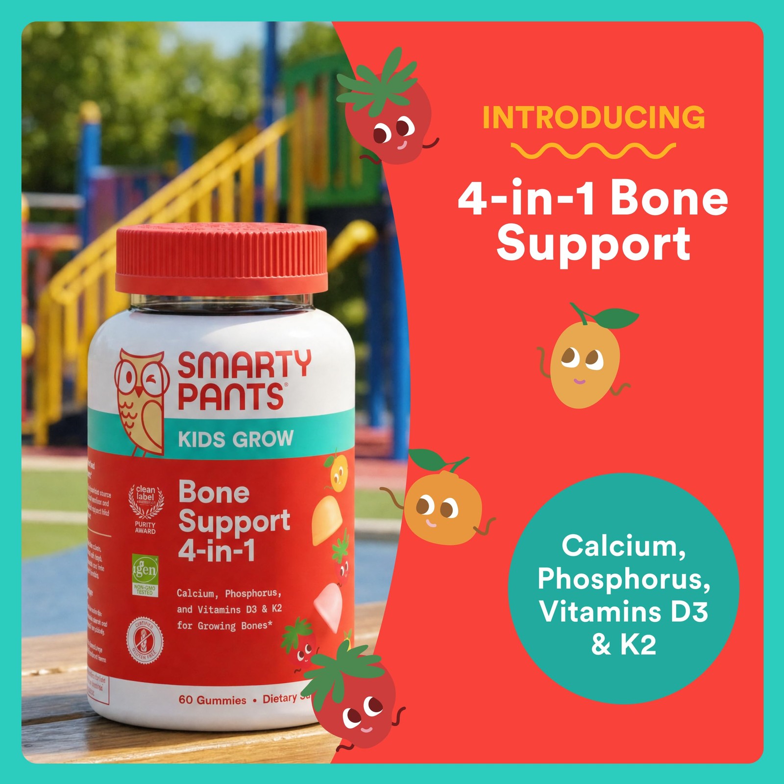 Smartypants Kids Bone Support 4-In-1 Gummies Calcium Vitamin D3 K2 Phosphorus